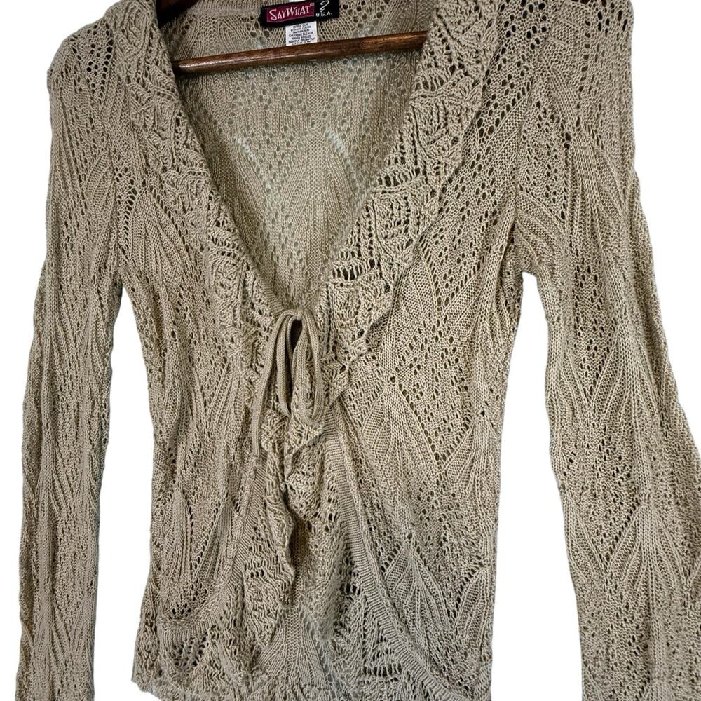 VTG Y2k Crochet Open Knit Tie Front Cardigan Wrapper SIZE MEDIUM Tan USA Ruffle - Picture 8 of 12